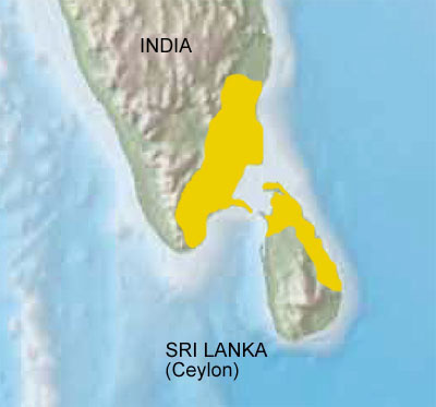 Siedlungsgebiete der Tamilen in Inden und Ceylon